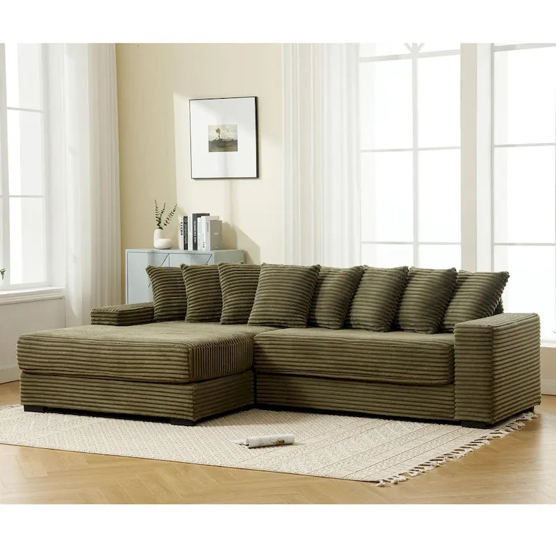 111 Corduroy L-Shaped Sectional Sofa with Left Chaise & 8 Pillows