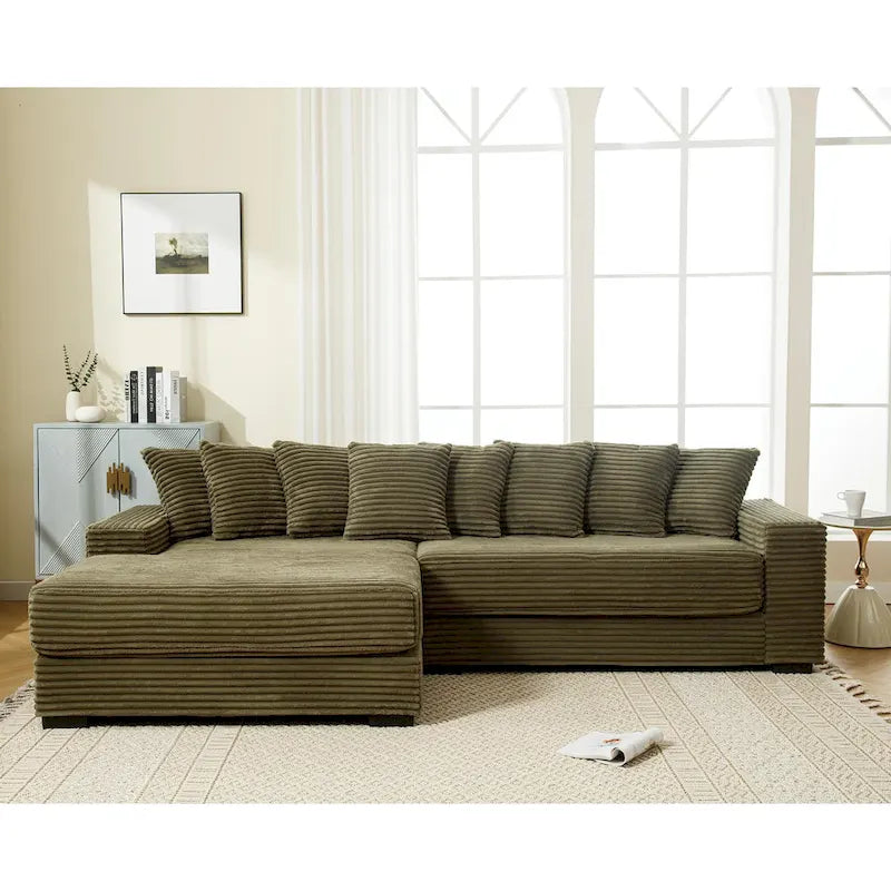 111 Corduroy L-Shaped Sectional Sofa with Left Chaise & 8 Pillows