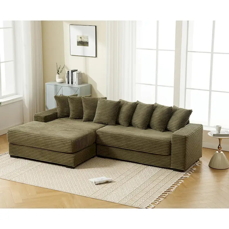 111 Corduroy L-Shaped Sectional Sofa with Left Chaise & 8 Pillows
