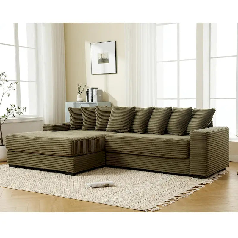 111 Corduroy L-Shaped Sectional Sofa with Left Chaise & 8 Pillows