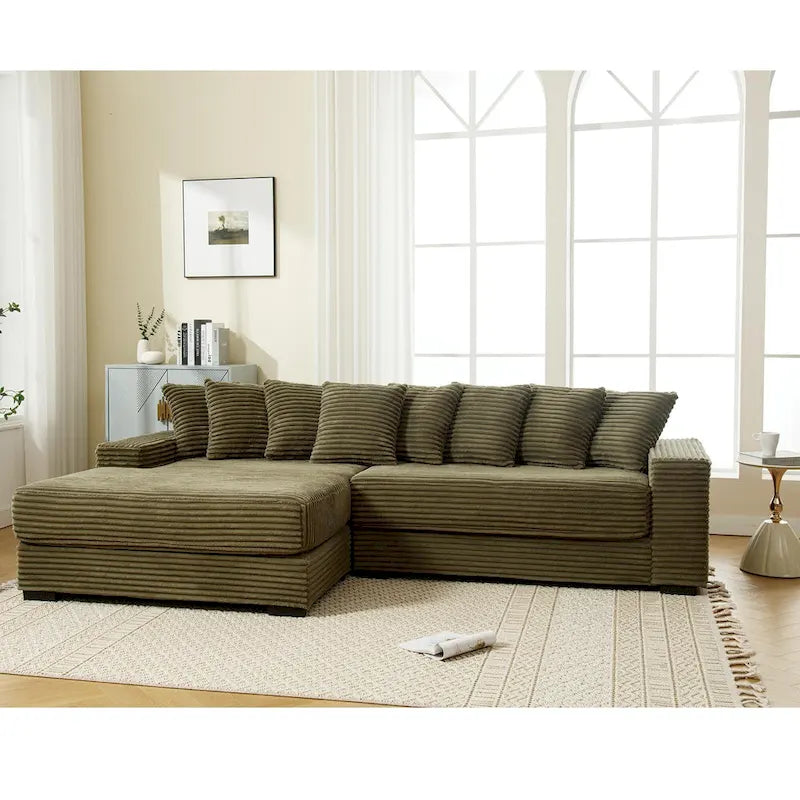 111 Corduroy L-Shaped Sectional Sofa with Left Chaise & 8 Pillows
