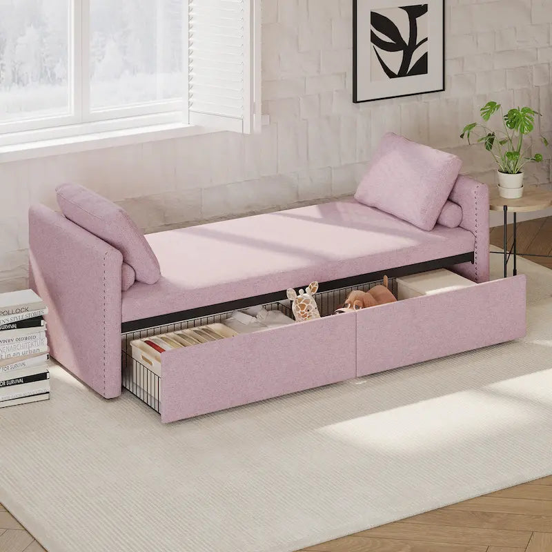 Pink Modern 81.5 Linen Upholstered Chaise Lounger Daybed with Pillows and 2 Drawers for Living Room
