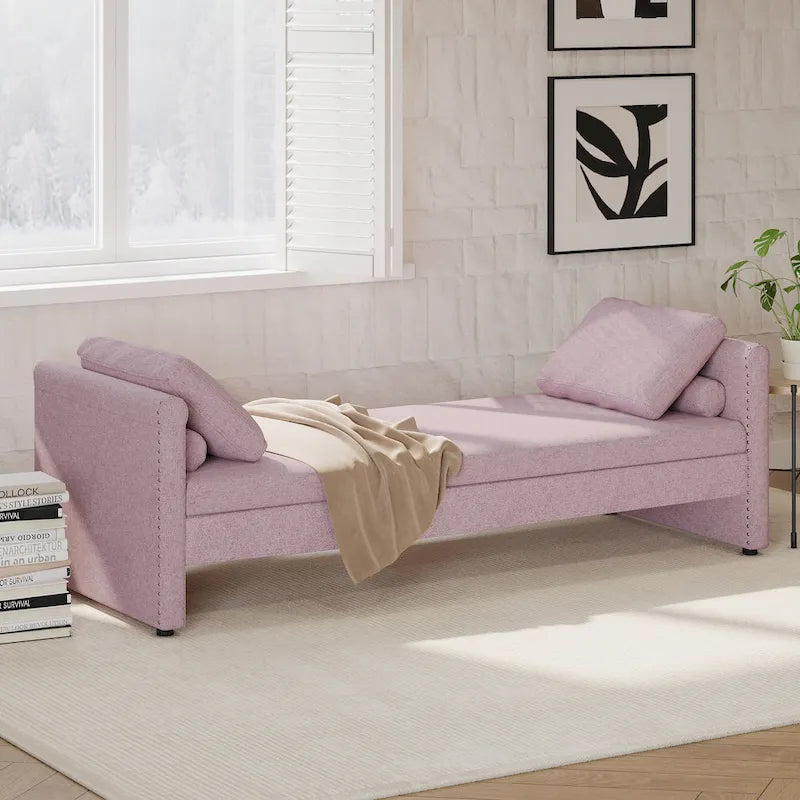 Pink Modern 81.5 Linen Upholstered Chaise Lounger Daybed with Pillows and 2 Drawers for Living Room