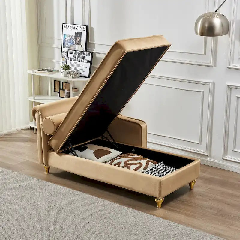 Khaki Modern 60.6 Velvet Upholstered Chaise Lounge Chair with Metal Legs and Storage