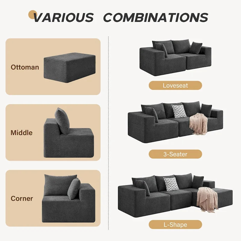 103 Fabric Modular Sectional Sofa with Deep Seats, L-Shaped Cloud Couch and Chaise, No Assembly Required