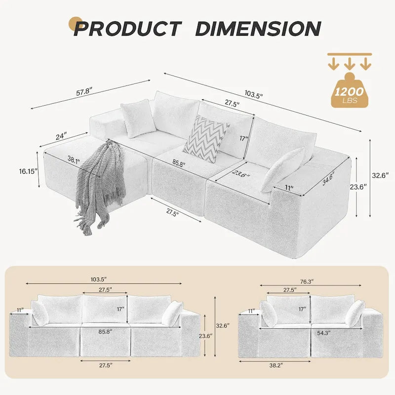 103 Fabric Modular Sectional Sofa with Deep Seats, L-Shaped Cloud Couch and Chaise, No Assembly Required