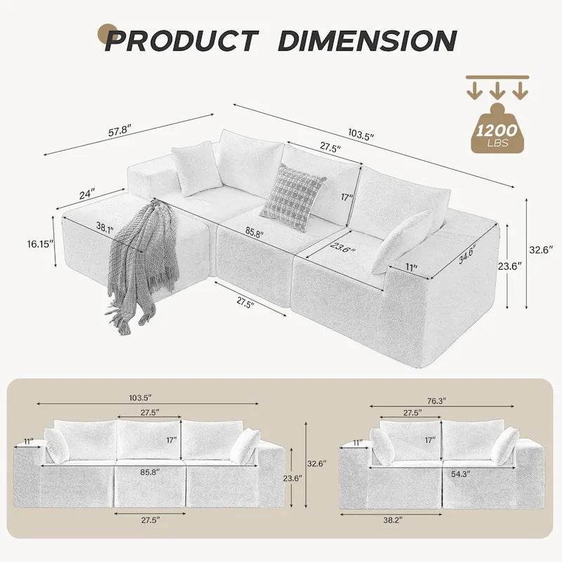 103 Fabric Modular Sectional Sofa with Deep Seats, L-Shaped Cloud Couch and Chaise, No Assembly Required
