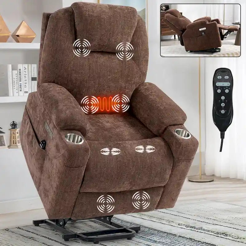 Blue Lift Recliner with 8-Point Massage, Lumbar Heating, Dual USB Ports, and Stainless Steel Cup Holders