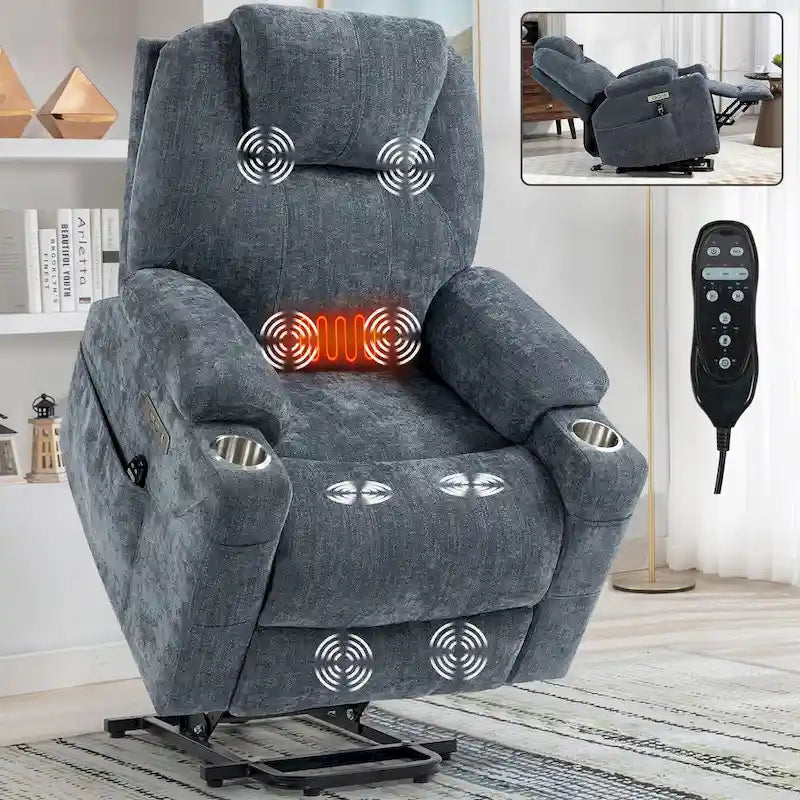 Blue Lift Recliner with 8-Point Massage, Lumbar Heating, Dual USB Ports, and Stainless Steel Cup Holders