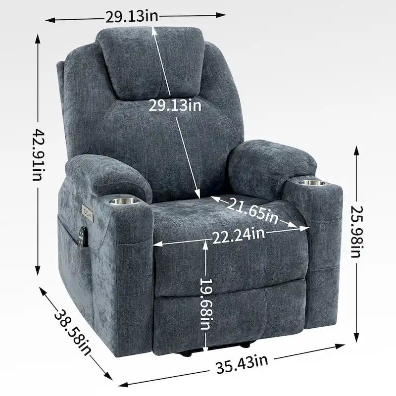 Blue Lift Recliner with 8-Point Massage, Lumbar Heating, Dual USB Ports, and Stainless Steel Cup Holders