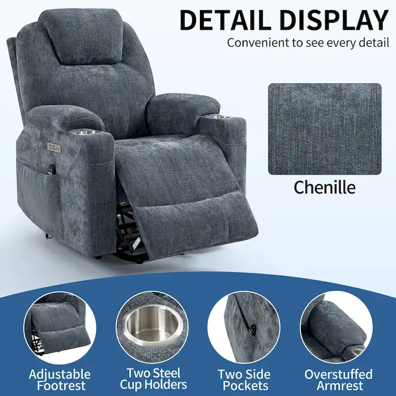 Blue Lift Recliner with 8-Point Massage, Lumbar Heating, Dual USB Ports, and Stainless Steel Cup Holders