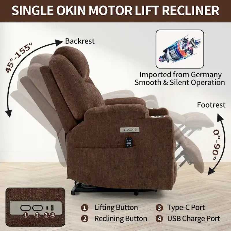 Blue Lift Recliner with 8-Point Massage, Lumbar Heating, Dual USB Ports, and Stainless Steel Cup Holders