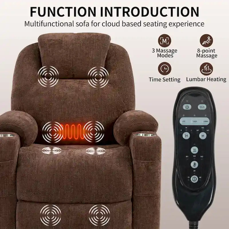 Blue Lift Recliner with 8-Point Massage, Lumbar Heating, Dual USB Ports, and Stainless Steel Cup Holders
