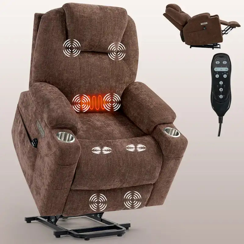 Blue Lift Recliner with 8-Point Massage, Lumbar Heating, Dual USB Ports, and Stainless Steel Cup Holders