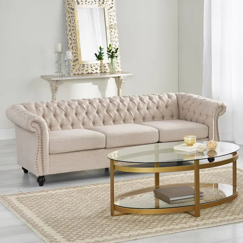Beige Chesterfield Button Tufted 3-seater Sofa with Nailheads