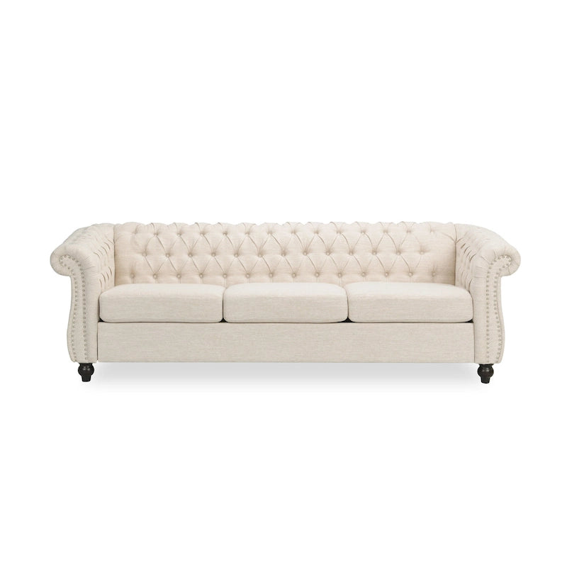 Beige Chesterfield Button Tufted 3-seater Sofa with Nailheads
