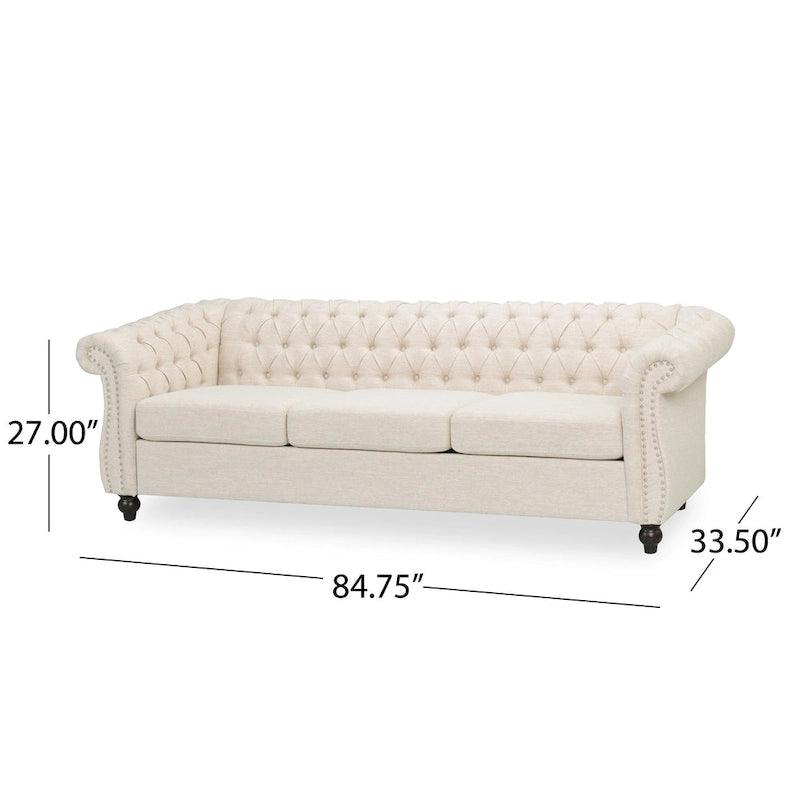 Beige Chesterfield Button Tufted 3-seater Sofa with Nailheads