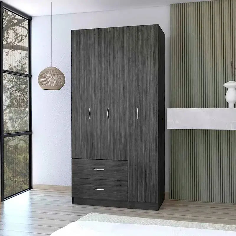 18.5 Modern Three-door Armoire with Hanging Rod, Four Interior Shelves and Two Bottom Drawers