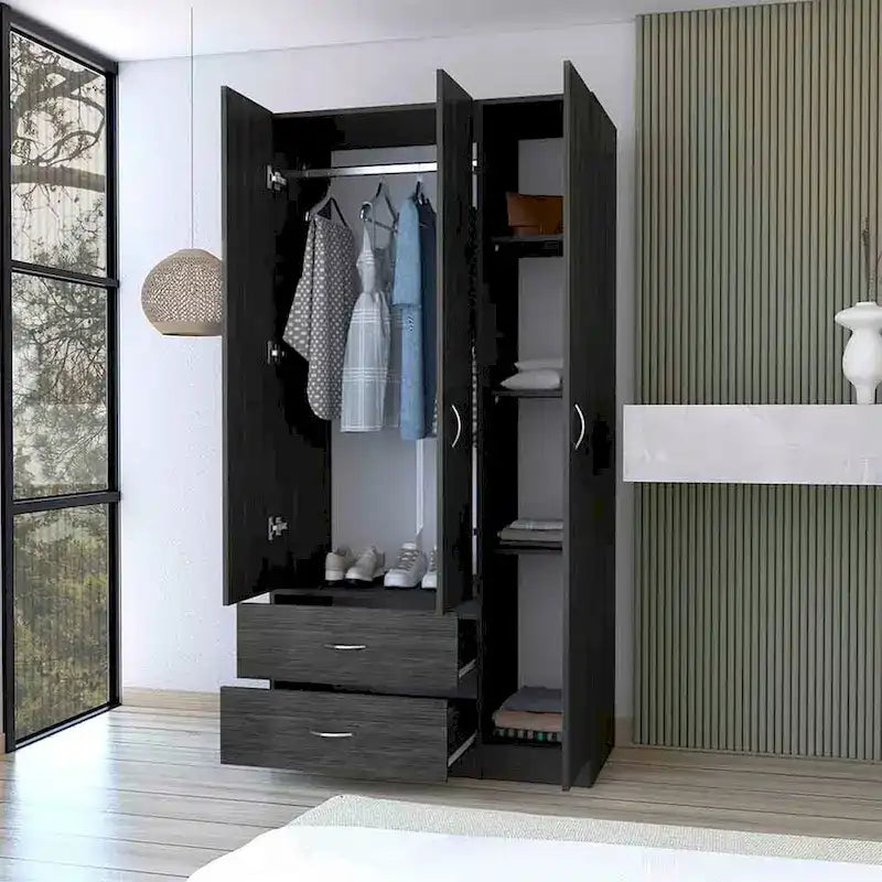 18.5 Modern Three-door Armoire with Hanging Rod, Four Interior Shelves and Two Bottom Drawers