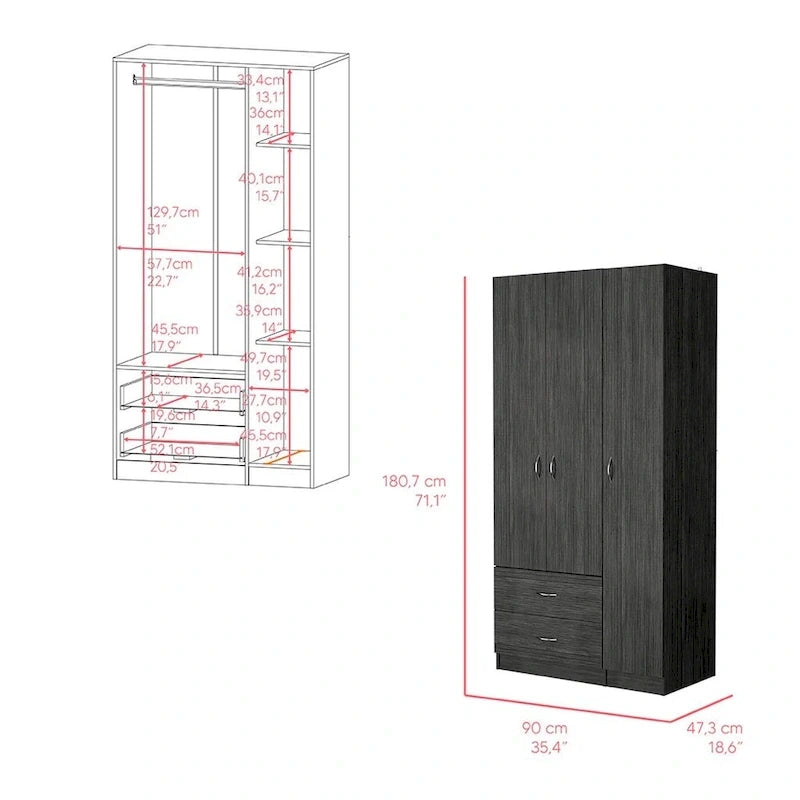 18.5 Modern Three-door Armoire with Hanging Rod, Four Interior Shelves and Two Bottom Drawers