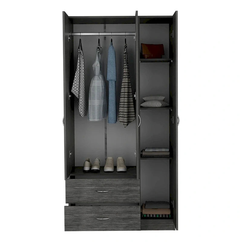 18.5 Modern Three-door Armoire with Hanging Rod, Four Interior Shelves and Two Bottom Drawers