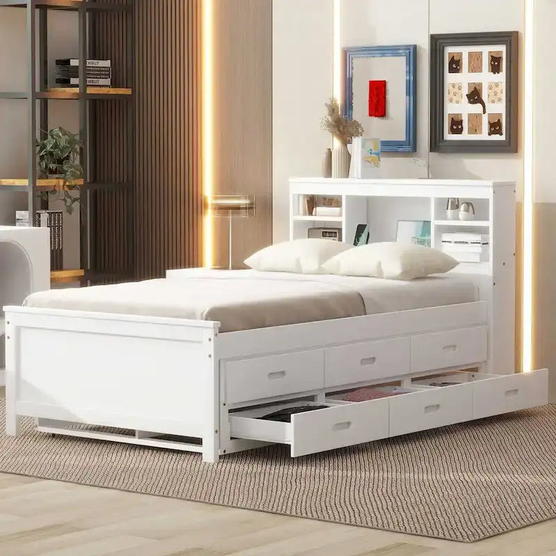 Pine Wood Platform Bed Frame with 3 Drawers & Trundle