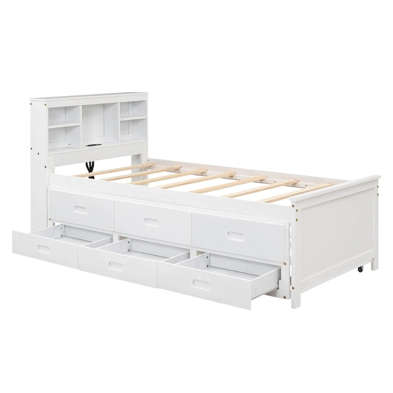 Pine Wood Platform Bed Frame with 3 Drawers & Trundle