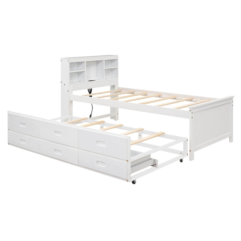 Pine Wood Platform Bed Frame with 3 Drawers & Trundle