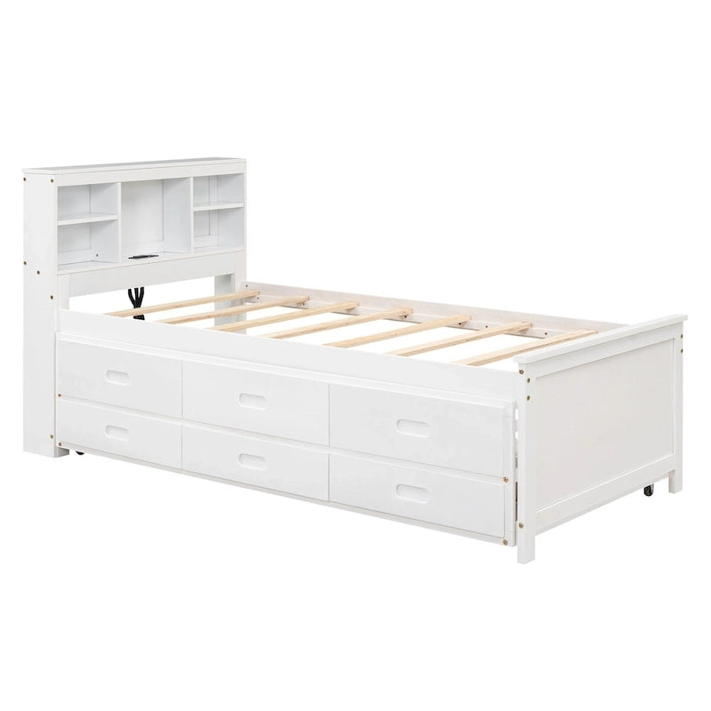 Pine Wood Platform Bed Frame with 3 Drawers & Trundle