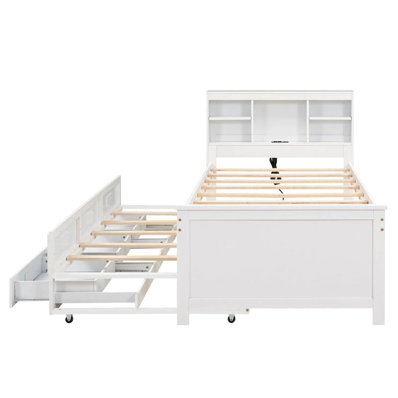 Pine Wood Platform Bed Frame with 3 Drawers & Trundle