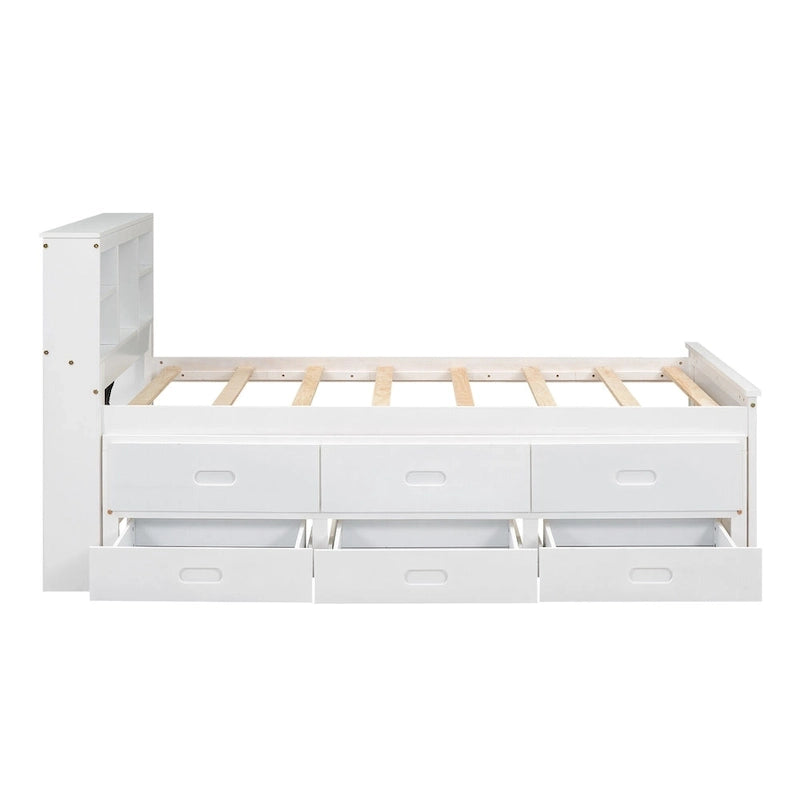 Pine Wood Platform Bed Frame with 3 Drawers & Trundle