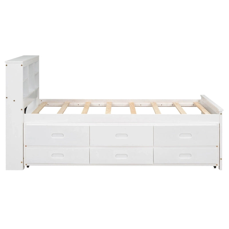 Pine Wood Platform Bed Frame with 3 Drawers & Trundle