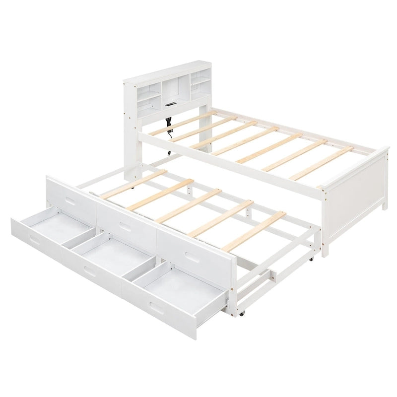 Pine Wood Platform Bed Frame with 3 Drawers & Trundle