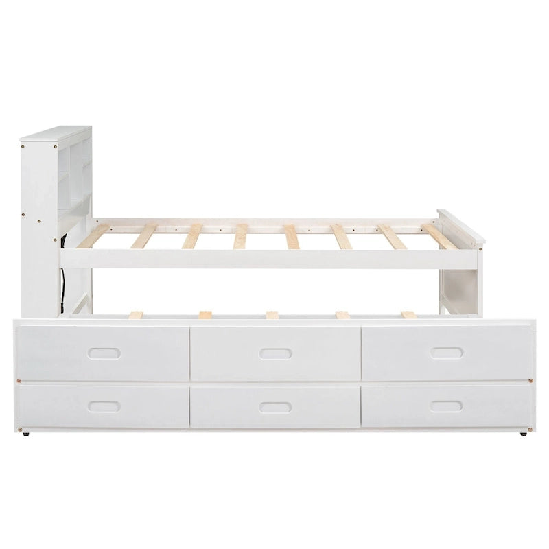 Pine Wood Platform Bed Frame with 3 Drawers & Trundle