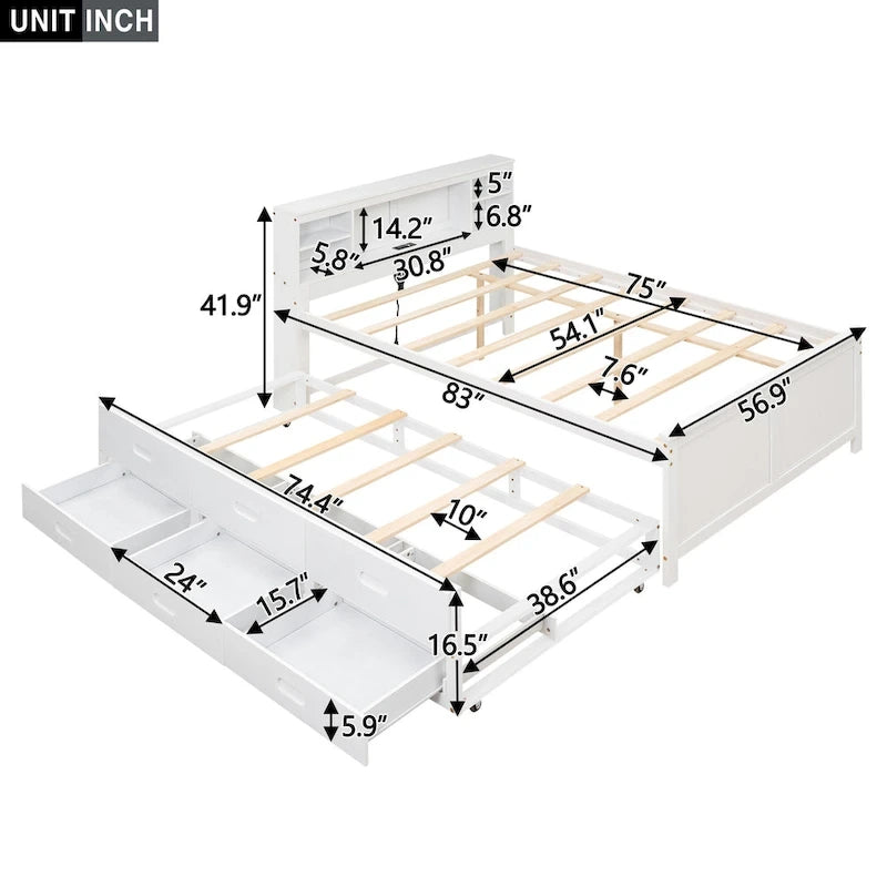 Pine Wood Platform Bed Frame with 3 Drawers & Trundle