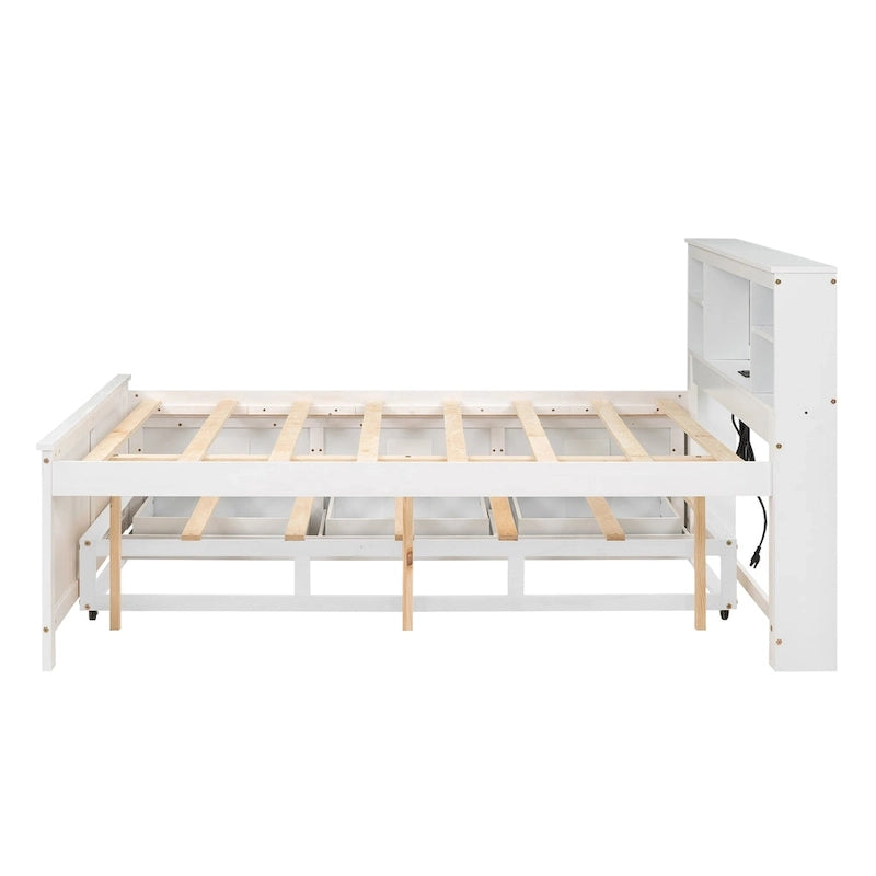 Pine Wood Platform Bed Frame with 3 Drawers & Trundle