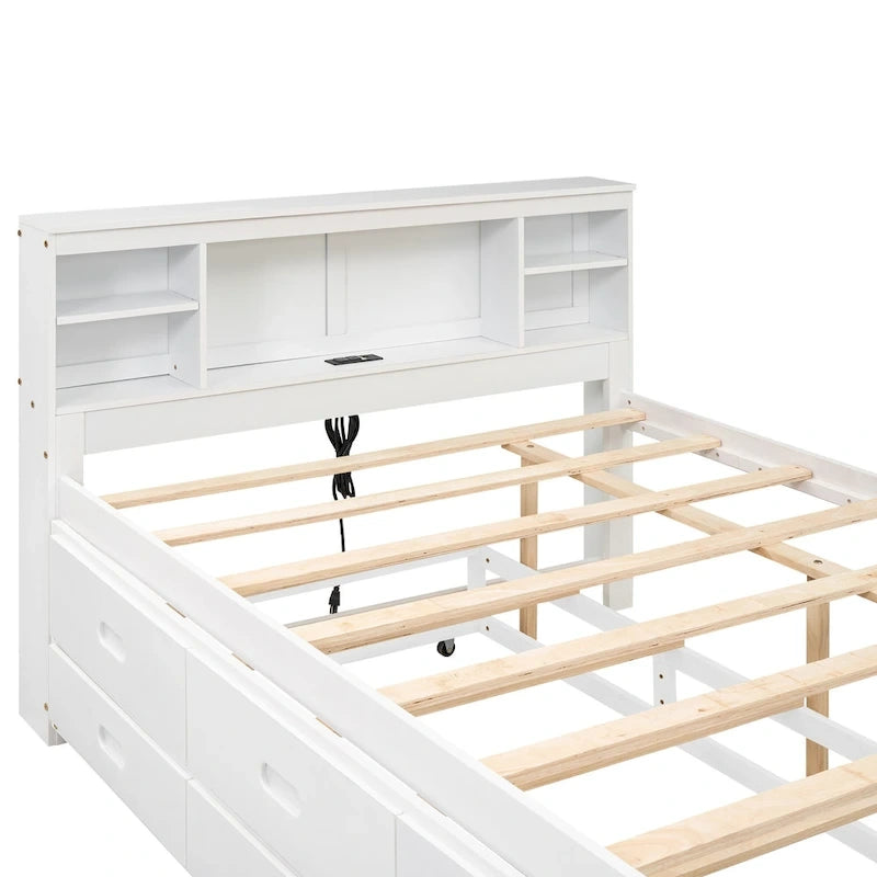 Pine Wood Platform Bed Frame with 3 Drawers & Trundle