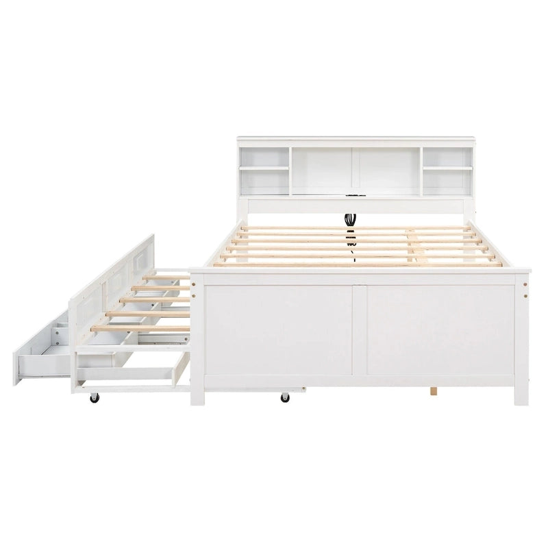 Pine Wood Platform Bed Frame with 3 Drawers & Trundle