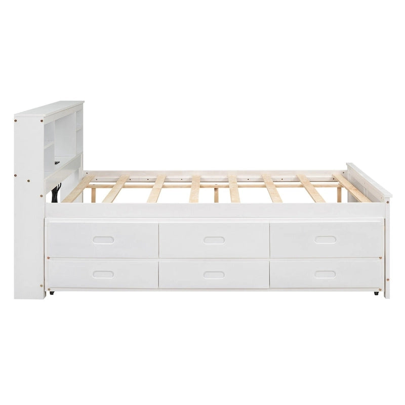 Pine Wood Platform Bed Frame with 3 Drawers & Trundle