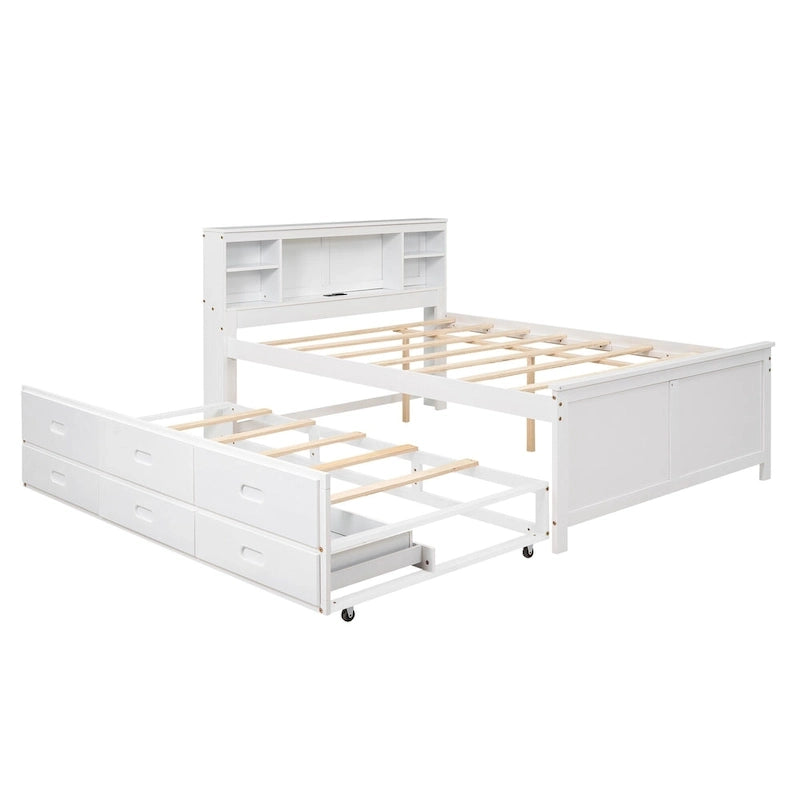 Pine Wood Platform Bed Frame with 3 Drawers & Trundle