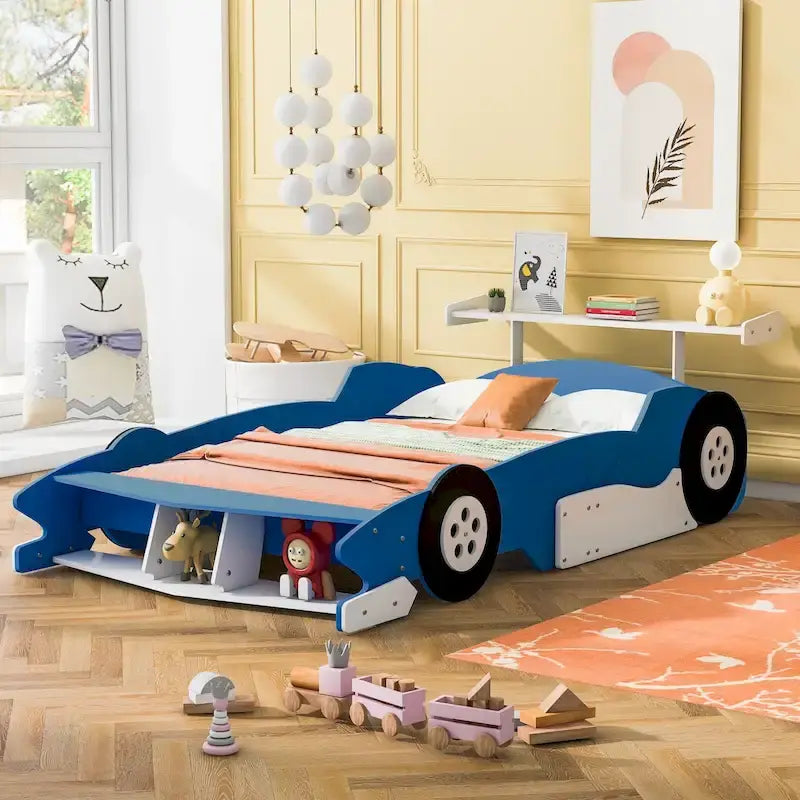 Full Size Wooden Race Car-Shaped Bed Frame with Guardrail