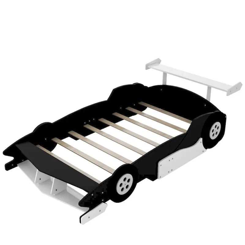 Full Size Wooden Race Car-Shaped Bed Frame with Guardrail