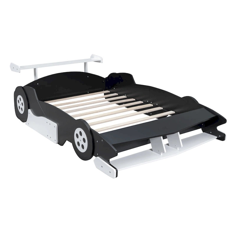 Full Size Wooden Race Car-Shaped Bed Frame with Guardrail