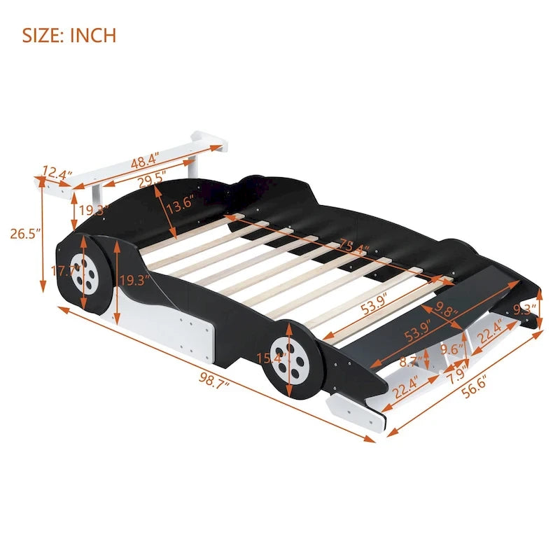 Full Size Wooden Race Car-Shaped Bed Frame with Guardrail