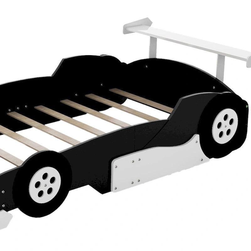 Full Size Wooden Race Car-Shaped Bed Frame with Guardrail