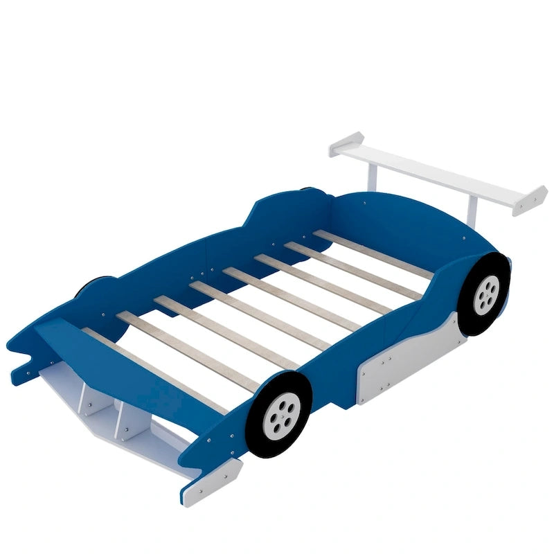 Full Size Wooden Race Car-Shaped Bed Frame with Guardrail