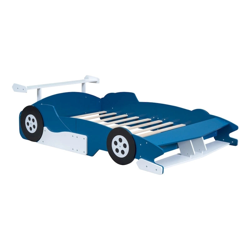 Full Size Wooden Race Car-Shaped Bed Frame with Guardrail