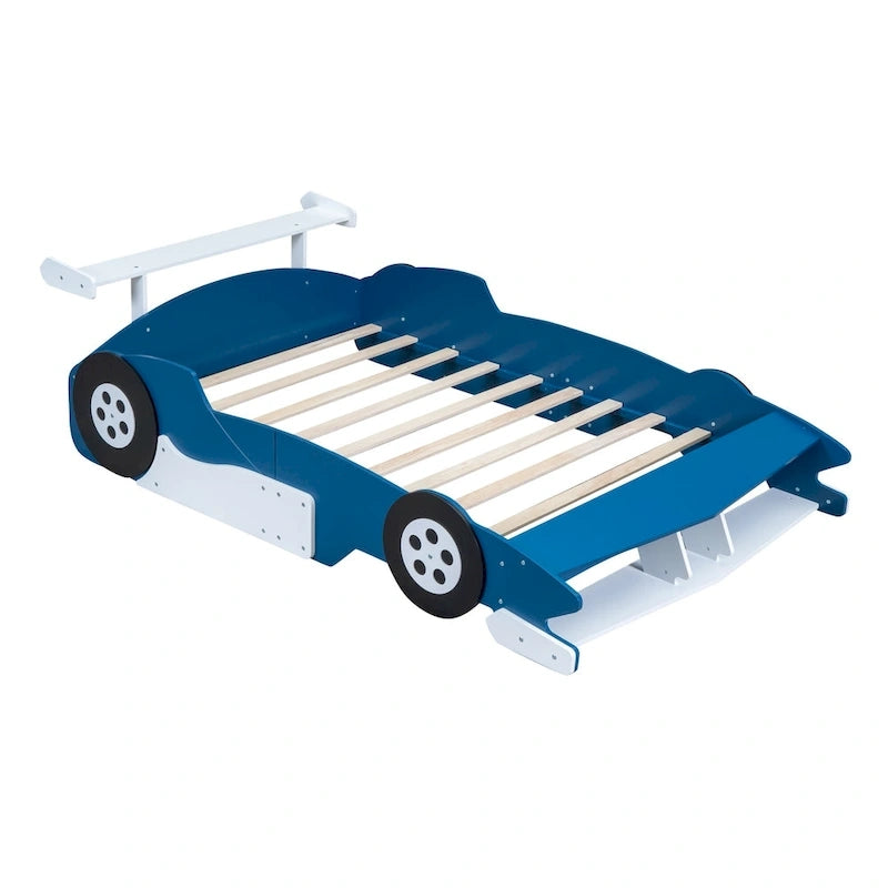 Full Size Wooden Race Car-Shaped Bed Frame with Guardrail