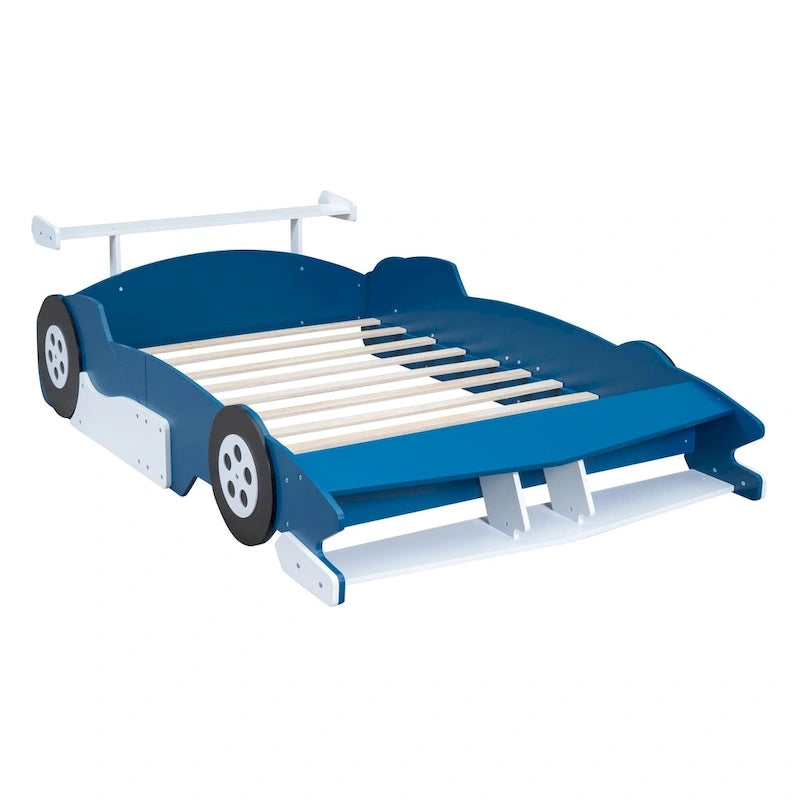 Full Size Wooden Race Car-Shaped Bed Frame with Guardrail