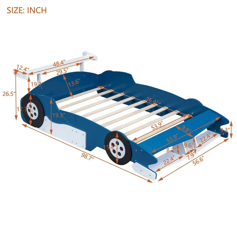 Full Size Wooden Race Car-Shaped Bed Frame with Guardrail